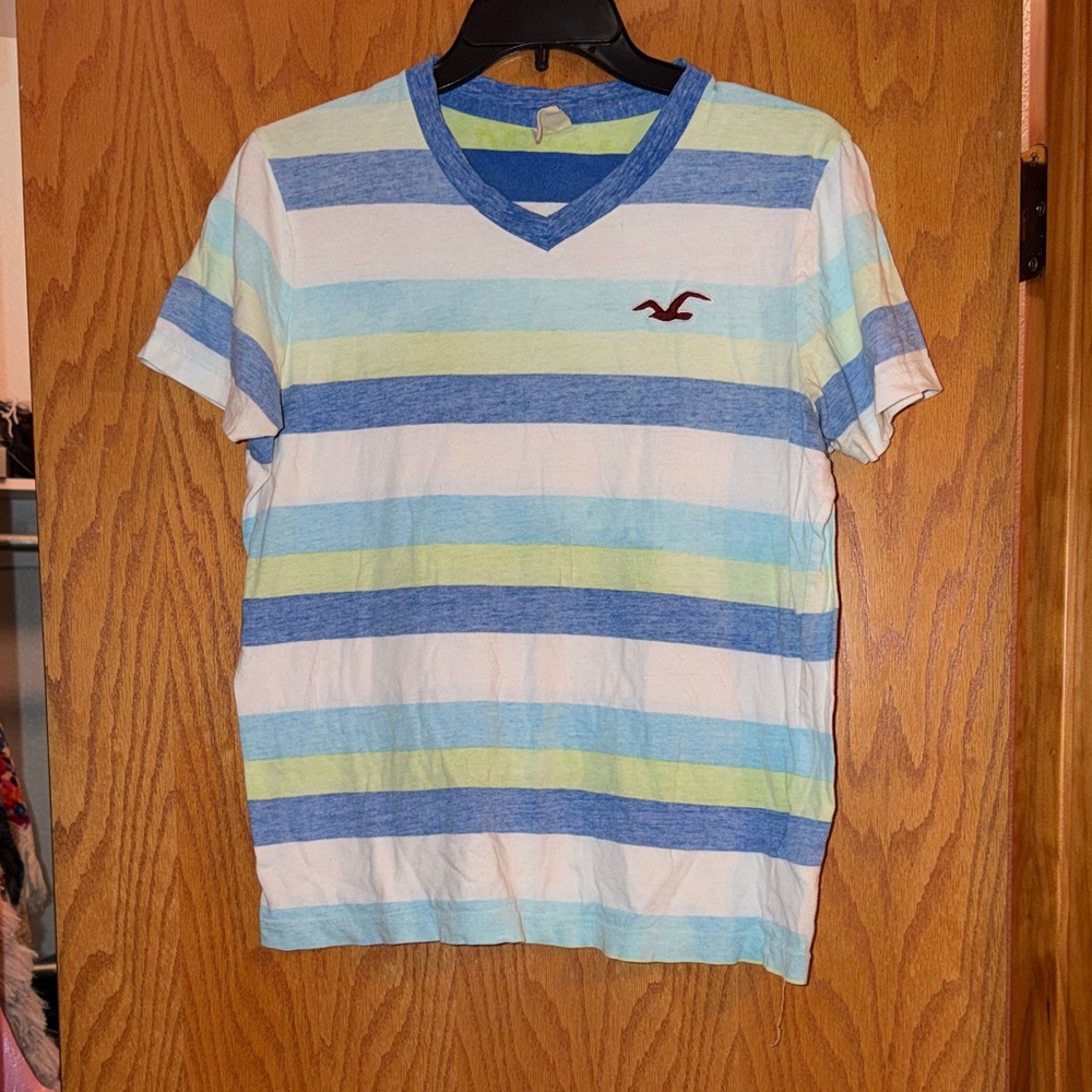 Hollister Men’s Blue, Light Blue & Yellow Striped V-Neck Tee